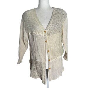 Vintage 90s Knit Patchwork Cardigan Medium Cream Linen Blend Buttons David Wayne
